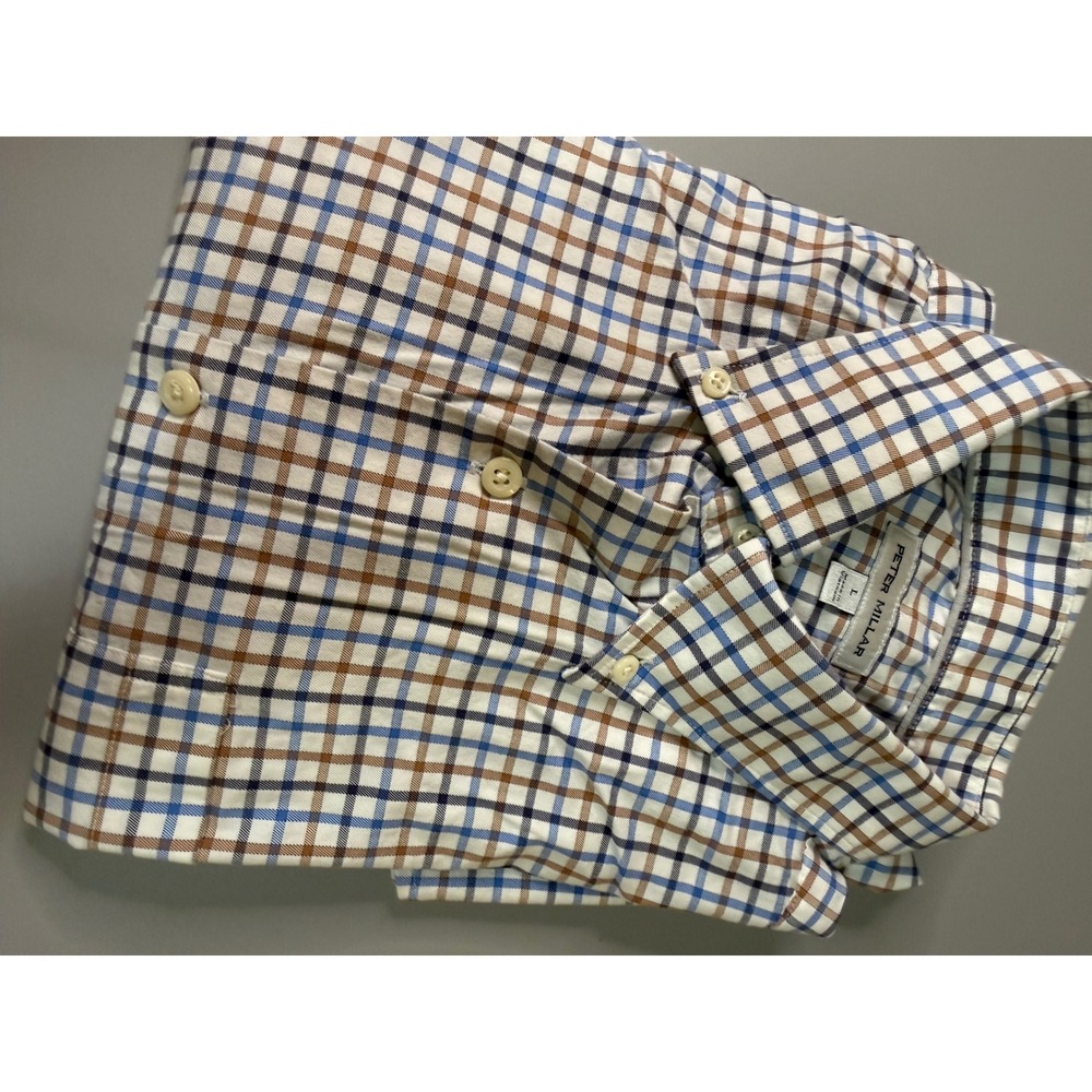 Peter Millar Mens Large Blue Brown Tattersall Performance Button Down Shirt